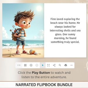 The image is a collage of two images: a cartoon image of a young boy standing on a beach with a backpack, and a text box describing the boy's adventure.