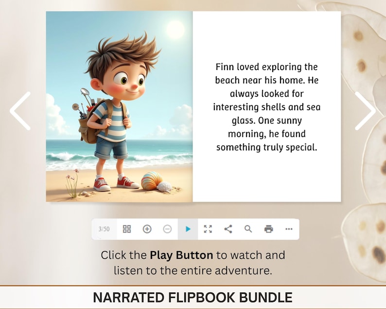 The image is a collage of two images: a cartoon image of a young boy standing on a beach with a backpack, and a text box describing the boy's adventure.