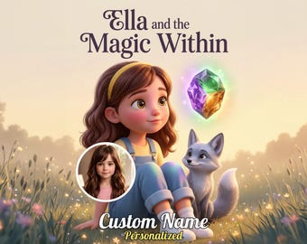 May include: A digital illustration titled Ella and the Magic Within featuring a cartoon girl with brown hair and a yellow headband, a grey fox, and a glowing multi-colored crystal. A circular photo insert shows a young girl, with Custom Name text.