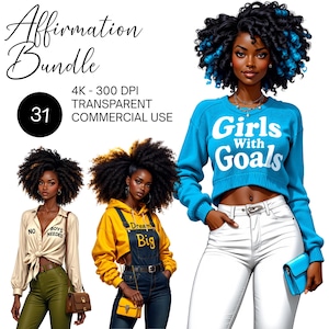 31 Black Girl Affirmations Clipart Bundle PNG Beautiful Afro Women Png, Afrogirls Clipart Melanin Queen Black Girl Magic Digital Download