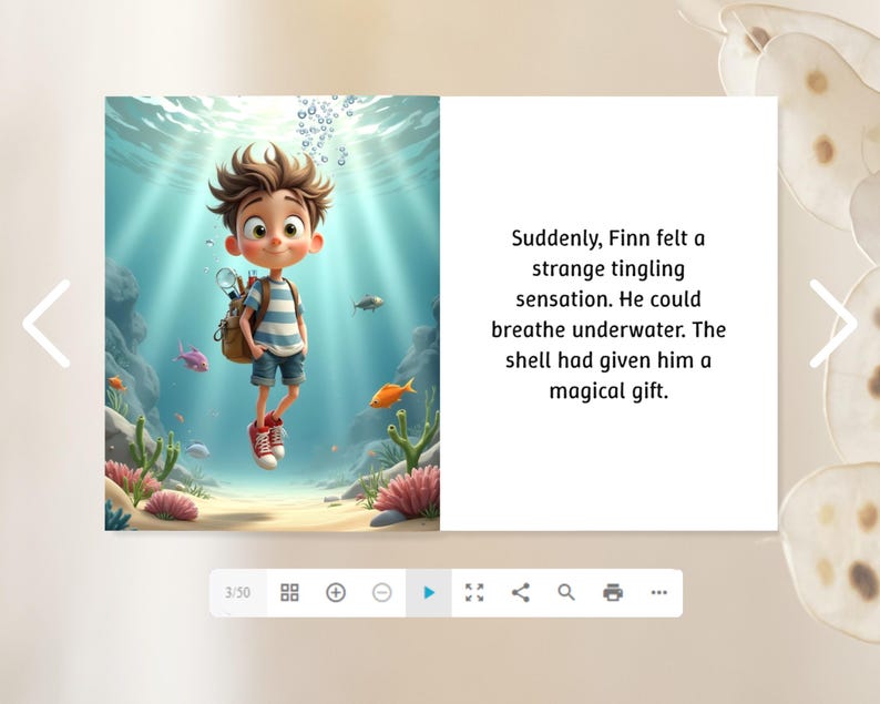 The image is a collage of two images. The first image depicts a young boy with spiky hair and a backpack, standing in the middle of an underwater scene with colorful fish and plants. The second image is a text box with a story about the boy, which reads: "Suddenly, Finn felt a strange tingling sensation. He could breathe underwater. The shell had given him a magical gift."