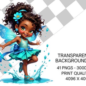 a young girl with curly hair, wearing a blue dress and blue shoes, surrounded by blue butterflies and splashing water.