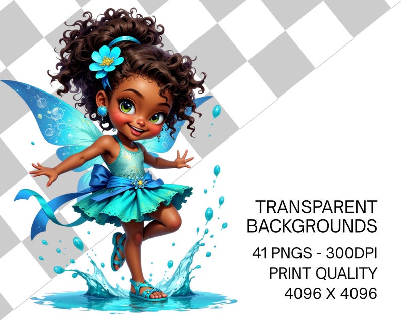 a young girl with curly hair, wearing a blue dress and blue shoes, surrounded by blue butterflies and splashing water.