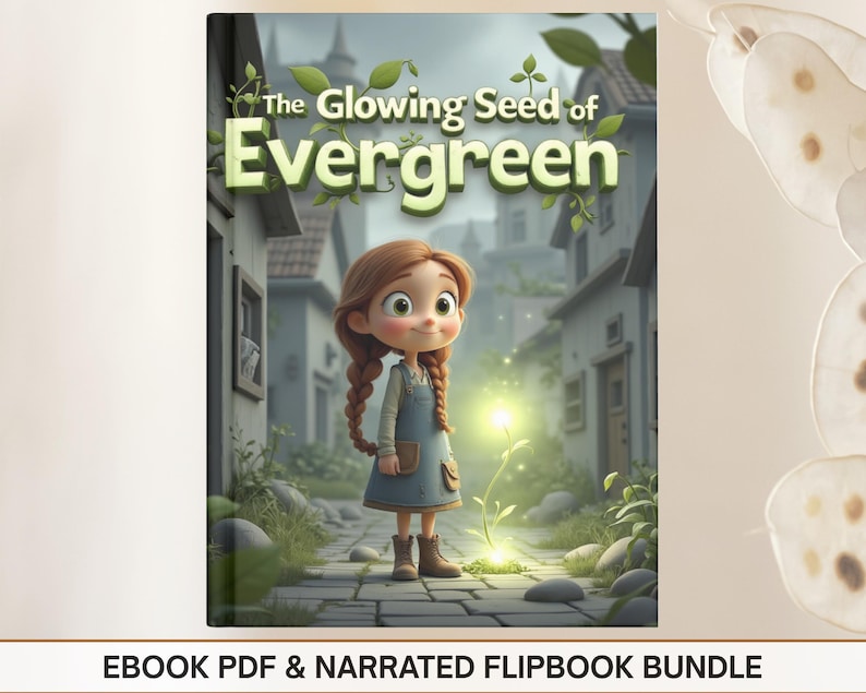 The image is a book cover for "The Glowing Seed of Evergreen", which includes an ebook and a narrated flipbook bundle.
