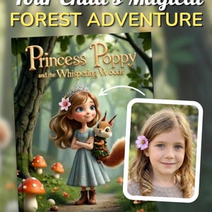 The image is a promotional poster for a children's book titled "Princess Poppy and the Whispering Woods". The poster features a young girl with a flower in her hair, holding a squirrel, surrounded by mushrooms and trees. The text on the poster reads "Your Child's Magical Forest Adventure".