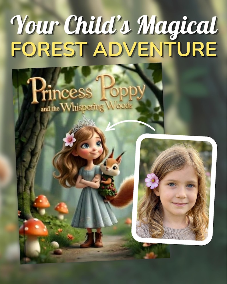 The image is a promotional poster for a children's book titled "Princess Poppy and the Whispering Woods". The poster features a young girl with a flower in her hair, holding a squirrel, surrounded by mushrooms and trees. The text on the poster reads "Your Child's Magical Forest Adventure".