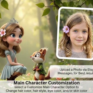 a young girl with a flower in her hair, accompanied by a cartoon chipmunk. The girl is wearing a tiara and a dress, and the chipmunk is wearing a green jacket. The image is a collage of two separate images, one depicting the girl and the other showing the chipmunk. The main character customization option allows the user to change the hair color, hair style, eye color, or skin color of the main character.