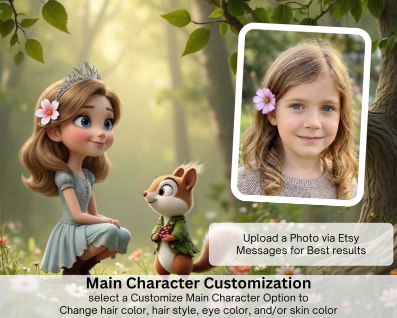 a young girl with a flower in her hair, accompanied by a cartoon chipmunk. The girl is wearing a tiara and a dress, and the chipmunk is wearing a green jacket. The image is a collage of two separate images, one depicting the girl and the other showing the chipmunk. The main character customization option allows the user to change the hair color, hair style, eye color, or skin color of the main character.
