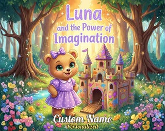 May include: A brown teddy bear wearing a purple polka-dot dress and bow stands next to a stone castle in a forest. The text reads Luna and the Power of Imagination, Custom Name, and Personalized, set against a backdrop of colorful flowers.