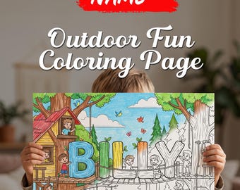 May include: A coloring page featuring a treehouse scene with the name BILLY integrated into the design. The illustration includes children playing, a rope bridge, and trees. The text CUSTOM NAME and Outdoor Fun Coloring Page appear above.
