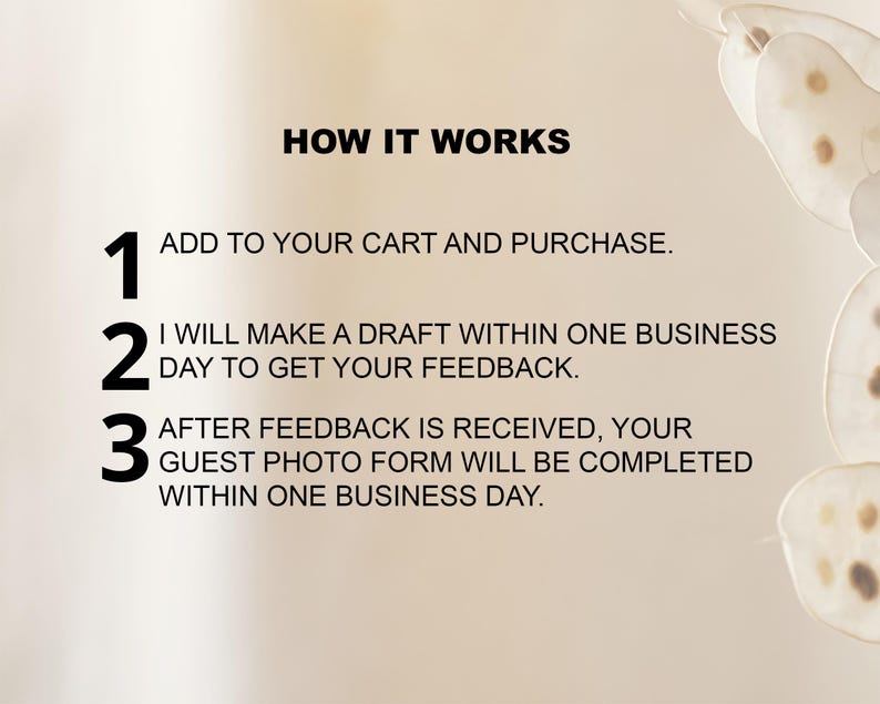 May include: A white background with black text outlining the steps for ordering a custom illustration. The text reads: "How it works" 1. Add to your cart and purchase. 2. I will make a draft within one business day to get your feedback. 3. After feedback is received, your guest photo form will be completed within one business day.