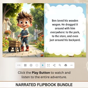 The image is a collage of two images: one depicting a cartoon boy pushing a wooden wagon, and the other showing a park scene with a cloud-shaped object.