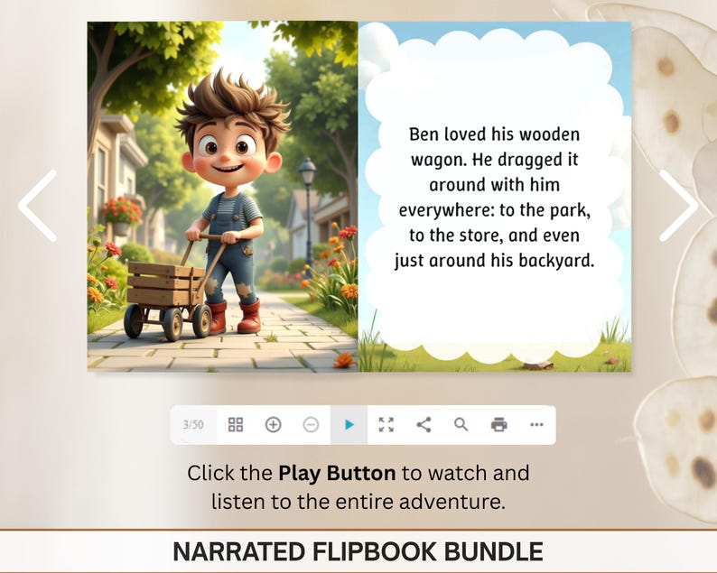 The image is a collage of two images: one depicting a cartoon boy pushing a wooden wagon, and the other showing a park scene with a cloud-shaped object.