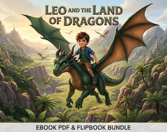 May include: A digital illustration titled Leo and the Land of Dragons featuring a young person with brown hair riding a large green dragon with expansive wings over a mountainous landscape. The text EBOOK PDF & FLIPBOOK BUNDLE is at the bottom.