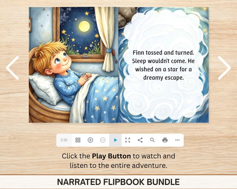 May include: An illustrated page from a narrated flipbook bundle. The image shows a young child in blue pajamas looking out a window at a night sky with a full moon. Text on the page reads, "Finn tossed and turned. Sleep wouldn't come. He wished on a star for a dreamy escape."