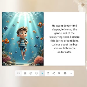 The image is a collage of two images. The first image depicts a young boy standing in the ocean, surrounded by colorful fish. The second image is a text box with a story or narrative about the boy and his underwater adventures.