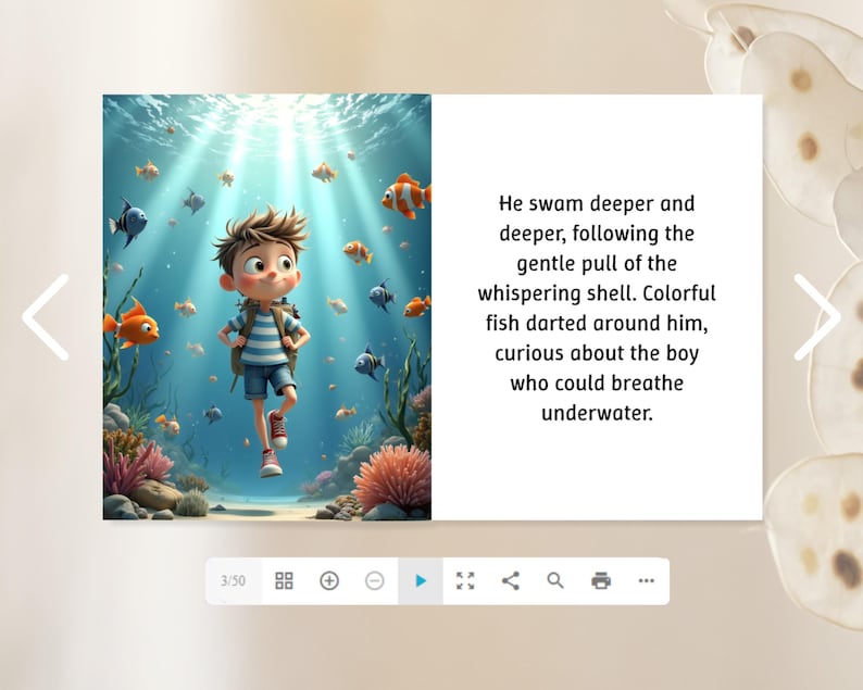 The image is a collage of two images. The first image depicts a young boy standing in the ocean, surrounded by colorful fish. The second image is a text box with a story or narrative about the boy and his underwater adventures.