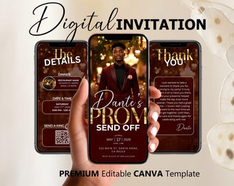 Prom Send Off Digital Invitation, Maroon Gold Boys Editable Flyer Template, King Prom Party Invite, Men DIY Graduation Celebration Animated