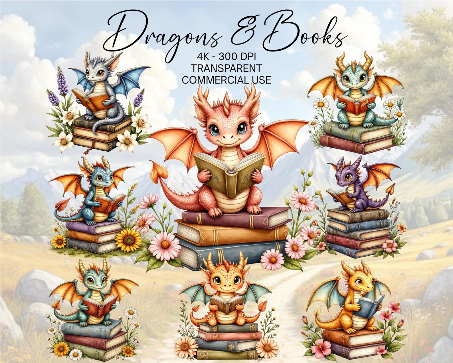 Fantasy Dragon Clipart Set, Cute Dragons With Books and Flowers ...
