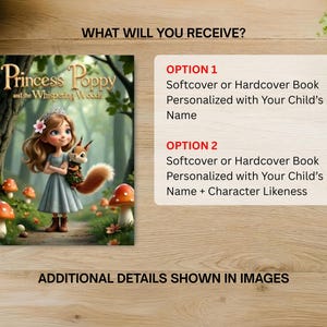 The image is a book cover for "Princess Poppy and the Whispering Woods" with a young girl holding a squirrel. The cover also includes two options for personalized books: a softcover or a hardcover book personalized with a child's name and a character's name. Additional details about the book are shown in the image.
