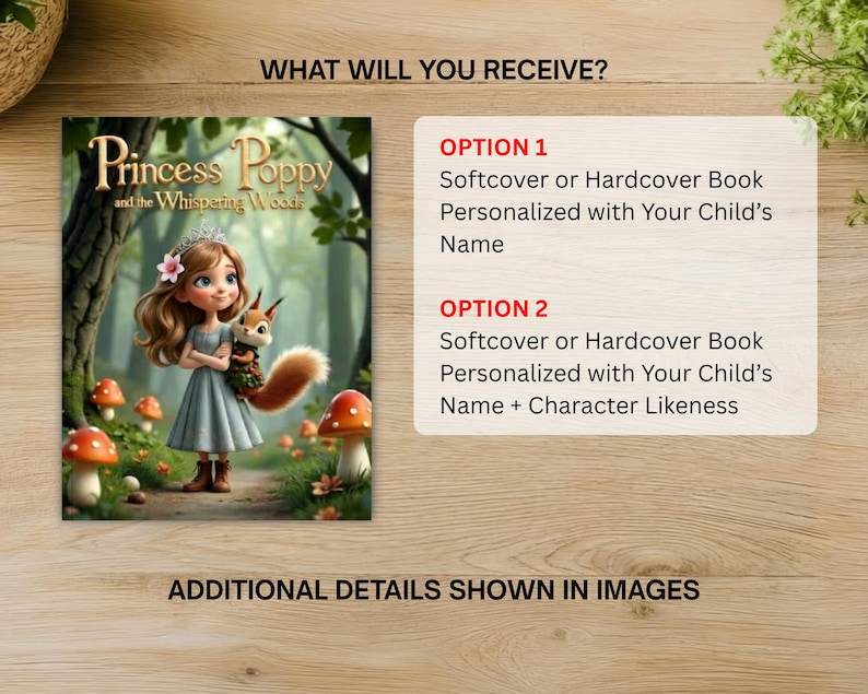 The image is a book cover for "Princess Poppy and the Whispering Woods" with a young girl holding a squirrel. The cover also includes two options for personalized books: a softcover or a hardcover book personalized with a child's name and a character's name. Additional details about the book are shown in the image.