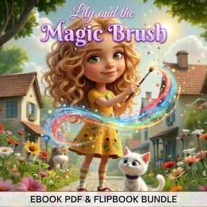 K&ouml;nnte beinhalten: Eine digitale Illustration mit dem Titel Lily and the Magic Brush zeigt eine junge Figur mit lockigem blondem Haar in einem gelben Kleid, die einen Pinsel h&auml;lt, der eine Regenbogenspur zieht. Ein wei&szlig;es K&auml;tzchen sitzt in einem Blumengarten.
