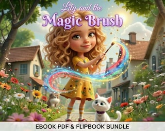 Könnte beinhalten: Eine digitale Illustration mit dem Titel Lily and the Magic Brush zeigt eine junge Figur mit lockigem blondem Haar in einem gelben Kleid, die einen Pinsel hält, der eine Regenbogenspur zieht. Ein weißes Kätzchen sitzt in einem Blumengarten.