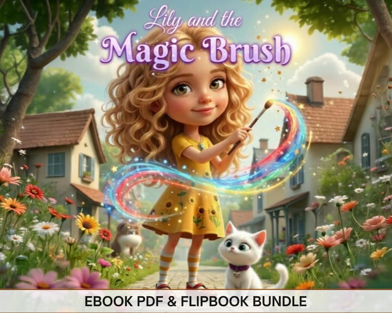 K&ouml;nnte beinhalten: Eine digitale Illustration mit dem Titel Lily and the Magic Brush zeigt eine junge Figur mit lockigem blondem Haar in einem gelben Kleid, die einen Pinsel h&auml;lt, der eine Regenbogenspur zieht. Ein wei&szlig;es K&auml;tzchen sitzt in einem Blumengarten.
