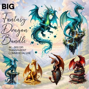 Fantasy Dragons Clipart Bundle, Fairy Tale 68 PNG Illustrations, Magical Fairytale Junk Journal Scrapbooking Digital Download Commercial Use