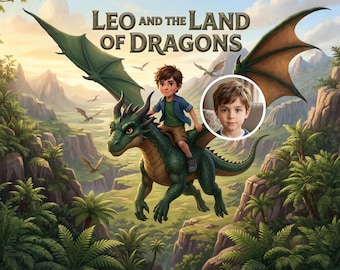 May include: A digital illustration titled Leo and the Land of Dragons featuring a young boy riding a green dragon over a tropical landscape with mountains and palm trees, including a circular inset photo of a young boy with brown hair.