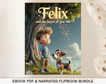 Op de afbeelding: Een illustratie van een boekomslag voor "Felix and the Secret of Star Hill" met een jongen en een hond bij een boom. De titel is goudkleurig. De jongen draagt een blauw shirt met een raketontwerp. De hond heeft bruine, zwarte en witte markeringen.