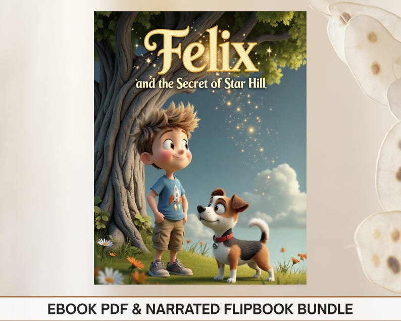The image is a promotional poster for the animated film "Felix and the Secret of Star Hill". It features a young boy and a dog standing in a grassy field with a tree, surrounded by flowers. The title of the film is displayed prominently at the top, and the text "EBOOK PDF & NARRATED FLIPBOOK BUNDLE" is at the bottom.