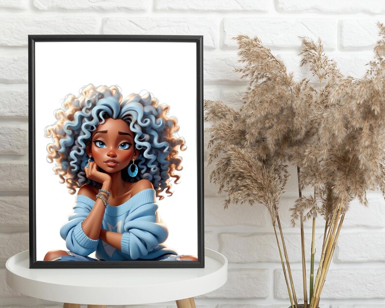 a picture of a black woman with blue hair