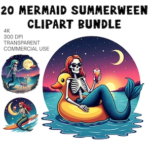 May include: Digital clipart bundle featuring mermaid skeletons in various scenes. One mermaid skeleton is on a yellow duck float, holding a drink. Other images include mermaids with a full moon and a skeleton dog. Text reads "20 MERMAID SUMMERWEEN CLIPART BUNDLE".