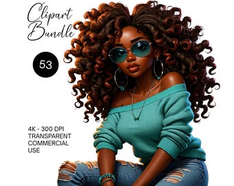 53 Pacchetto di clipart di ragazze nere PNG Bellissime donne afro in sublimazione PNG, Clipart di ragazze afro Melanin Queen Black Girl Magic Download digitale