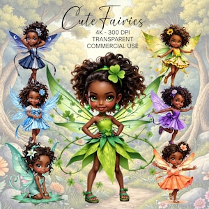 Black Girl Fairy Clipart, Watercolor Black Fairy Girl PNG, Melanin Fairies Clipart, Fantasy PNG, Cute Fairy Tale Cliparts, Digital Download
