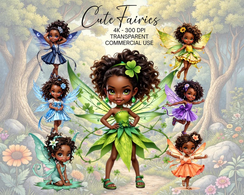 A collage of seven whimsical, colorful fairy characters with curly hair and green leaves on their dresses, set against a forest backdrop.