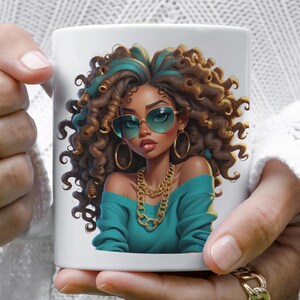 a woman holding a coffee mug with a picture of a woman on it