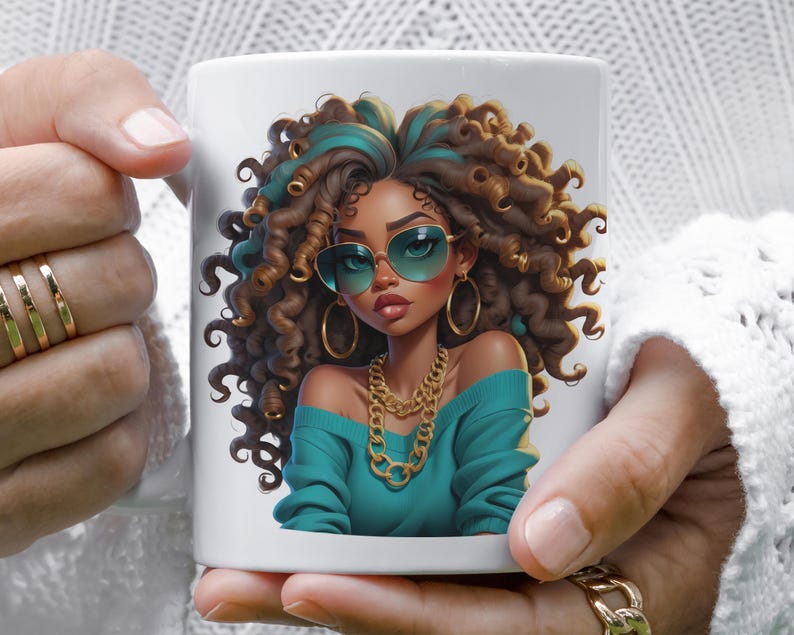 a woman holding a coffee mug with a picture of a woman on it