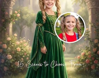 May include: A digital painting of a young girl in a green medieval gown, standing in a garden with a castle in the background. A smaller portrait of the girl in a red shirt is in a circle. Text reads "16 Scenes to Choose From".