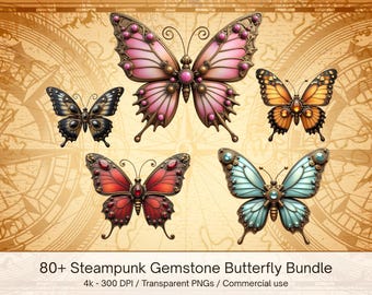 Steampunk Butterfly Clipart Bundle PNG, Gemstone Magical Butterfly, Butterfly PNG, Sublimation Designs, Digital Download, Commercial Use