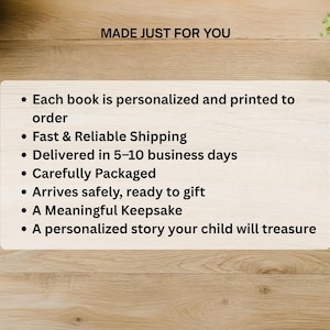 The image is a text-based advertisement for a product, specifically a book, that is personalized and printed to order. It highlights the features of the product, such as fast and reliable shipping, carefully packaged, arriving safely and ready to gift, and being a meaningful keepsake for a child.