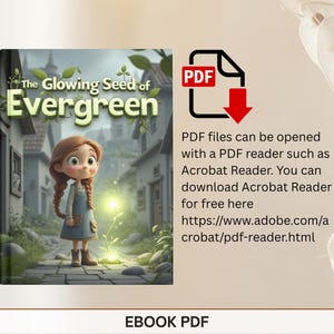 The image is an advertisement for a children's book titled "The Glowing Seed of Evergreen". It features a young girl with long brown hair standing in a garden, surrounded by plants and a glowing plant. The book is described as an "EBOOK PDF" and can be opened with a PDF reader, as indicated by the text.