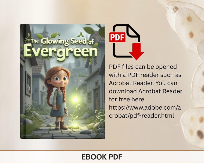 The image is an advertisement for a children's book titled "The Glowing Seed of Evergreen". It features a young girl with long brown hair standing in a garden, surrounded by plants and a glowing plant. The book is described as an "EBOOK PDF" and can be opened with a PDF reader, as indicated by the text.