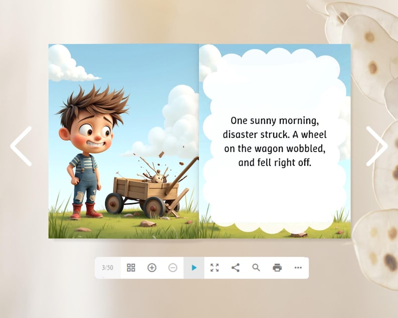 The image is a collage of two images, one depicting a young boy with a wagon and the other showing a wheelbarrow with a dog. The text in the image reads "One sunny morning, disaster struck. A wheel on the wagon wobbled, and fell right off."