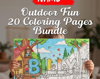 Personalized Summer Coloring Page for Kids Printable, Custom Name, Outdoor Adventure Activity Sheet, Summer Fun Coloring Book 20 Page Bundle