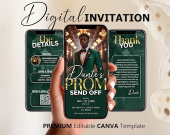 Prom Send Off Digital Invitation, Green Gold Boys Editable Flyer Template, King Prom Party Invite, Men DIY Graduation Celebration Animated
