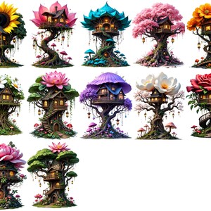 a collection of whimsical, fantastical tree houses with various colors and designs, including sunflowers, lotus flowers, and roses.