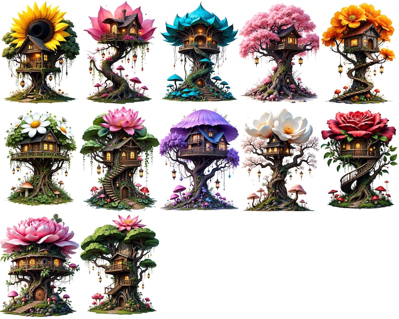 a collection of whimsical, fantastical tree houses with various colors and designs, including sunflowers, lotus flowers, and roses.