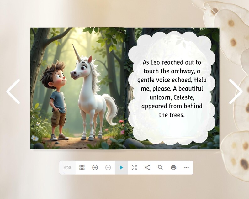 May include: A digital illustration depicts a young boy and a white unicorn in a forest setting. The unicorn has a long horn and flowing mane. Text on the right side reads: "As Leo reached out to touch the archway..." The scene is set in a lush, green environment.